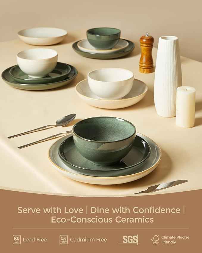 32 Piece Double Bowl Dinnerware Sets with Pasta Bowls, Highly Chip and Crack Resistant Plates and Bowls Sets, Natural Earthyware Ceramic Dishware Sets, Service for 8 Yellow White