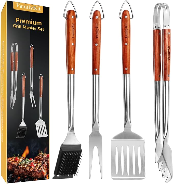 4PCS Grilling Accessories Rose Wooden BBQ Grilling Tools Set, Heavy Duty Stainless Steel Barbecue Grill Tools Kit with Spatula, Clips, Brushes, Forks for Outdoor Grill, BBQ Gift for Men and Women