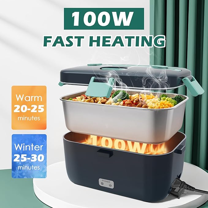 COZYEXPERT Electric-Lunch-Box-Heated-Food-Warmer 100W Heating Lunchbox for Adults 1.8L Portable Food Heater for Work/Car, 12V/24V/110-230V Lonchera Eléctrica Portátil with Fork Spoon (Gray+Green)