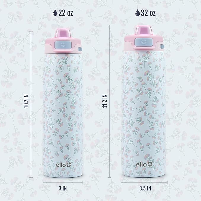 Ello Pop & Fill 22oz Stainless Steel Water Bottle with QuickFill Technology, Double Walled and Vacuum Insulated Metal, Leak Proof Locking Lid, Straw and Chug, Reusable, BPA Free, Serene Bloom