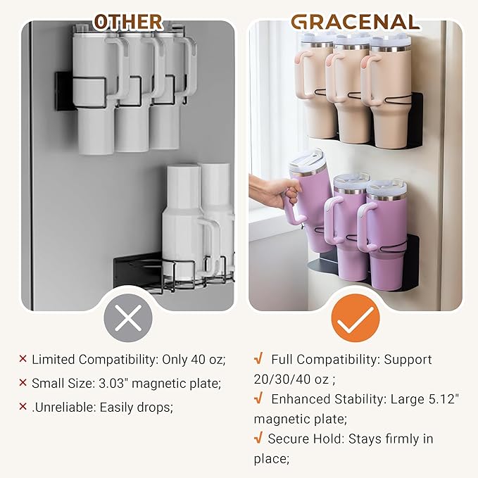Magnetic Cup Holder for Fridge, 2 Pack Water Bottle Organizer for Stanley Cup Accessories 20/30/40 oz, Wall Mount Tumbler Organizer for Space-Saving Kitchen Pantry Cabinet Storage-Black