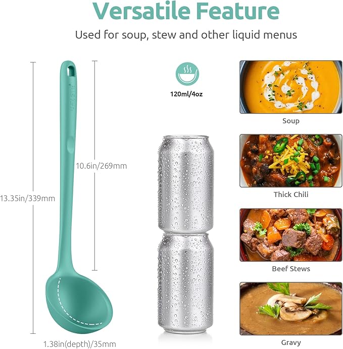 U-Taste 12 Piece Measuring Cups and Spoons Set in 18/8 Stainless Steel, and 600ºF Heat Resistant 13 inch Large Non-Stick Silicone Soup Ladle (Aqua Sky)