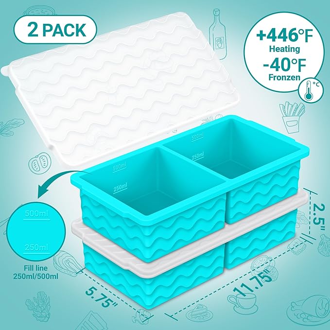 Aopigavi Silicone Freezer Tray with Lid – 2-Cup Soup Freezer Container Molds, Large Ice Cube Trays for Freezing Soup, Sauce & Broth, Meal Prep & Food Storage – Oven & Dishwasher Safe, 2-Pack