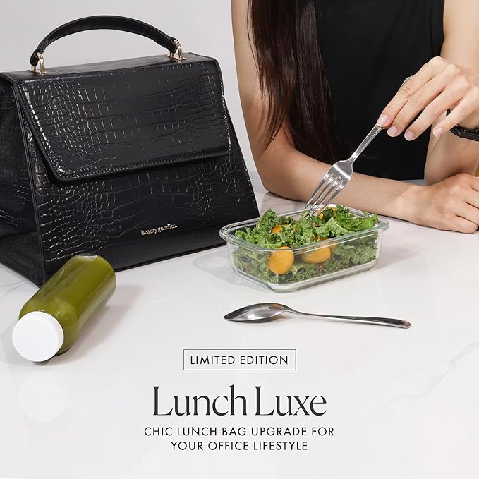 BEAUTYGOODIES Stylish Black Croc Lunch Bag for Women, Medium, Black Cute Insulated Lunch Box, Professional and Chic Lunch Bag for Working Women, Teacher, Nurses, a Great Gift!