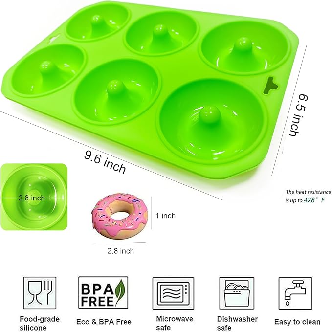 2PCS Silicone Donut Mold, 6 Holes BPA Free Donut Pan Baking Mold, Donut Pan for Baking Heat Resistant Doughnut Baking Pan Non-Stick Food Grade Silicone Doughnut Pan Set (Green)