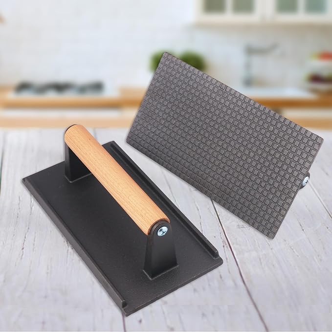 3 Packs 8.26 x 4.3 Inch Cast Iron Grill Press Set, Heavy Duty Steak and Burger Press with Wooden Handle for Burgers, Bacon, Paninis, and More! by Genhakon