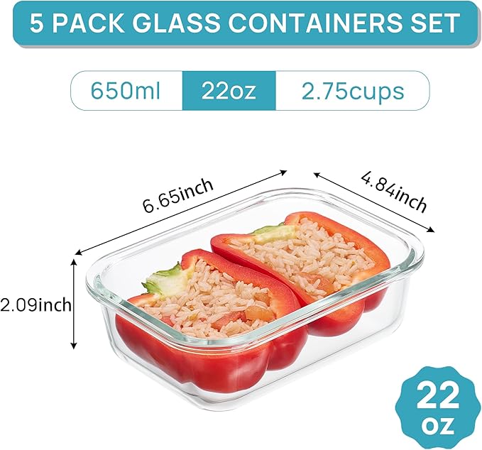 Vtopmart 5Pack 22oz Glass Storage Containers with Lids, Glass Meal Prep Food Container Sets with Snap Airtight Lids for Microwave, Oven, Freezer and Dishwasher, Multicolour