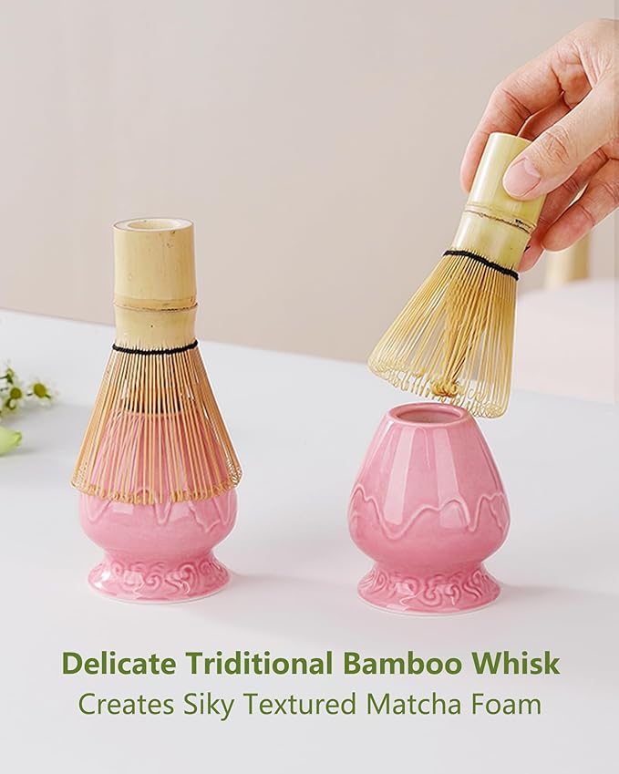 ZENS Pink Matcha Set, 7pcs Matcha Whisk Set Includes 15oz Ceramic Bowl and Cup for Bamboo Whisk, (Chasen Holder), Scoop, 304 Sifter and Tea Mat, Pink Matcha Kit for Matcha Lovers
