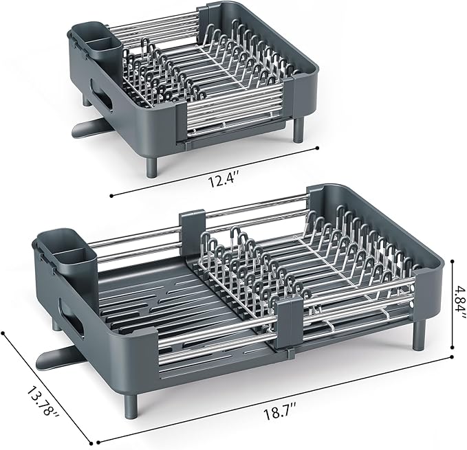Urackify Stainless Steel Dish Drying Rack - Dish Drainer for Kitchen Counter, Extendable Drainboard with Foldable, Space-Saving Cup & Bowl Organizer, Includes Knife and Utensil Holder, Matte-Green