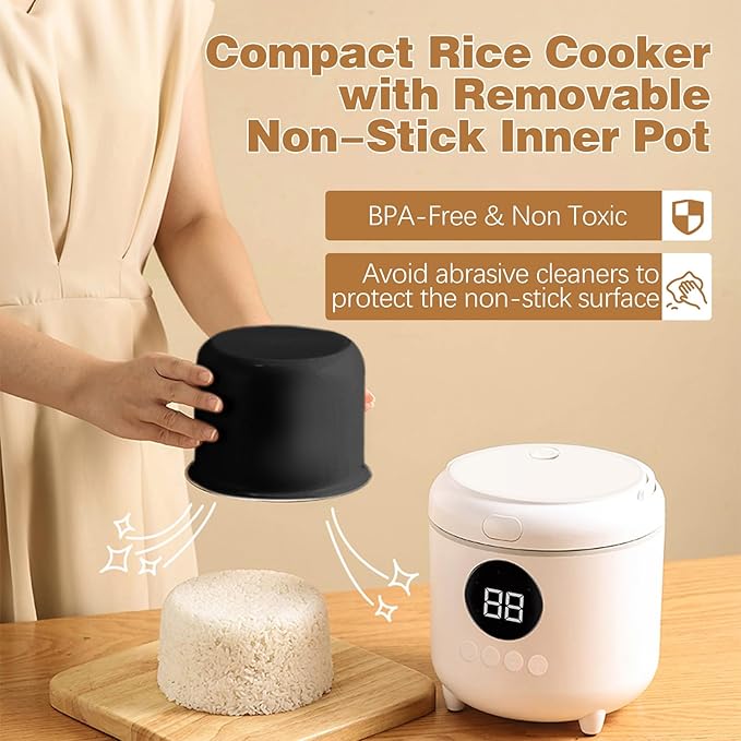 Small Rice Cooker, 2-Cups Uncooked/4-Cups Cooked with Handle, 6 Intelligent Cooking Modes for White Rice, Quinoa, Oatmeal - with Nonstick Inner Pot, Measuring Cup & Serving Spoon, 1.6L Capacity