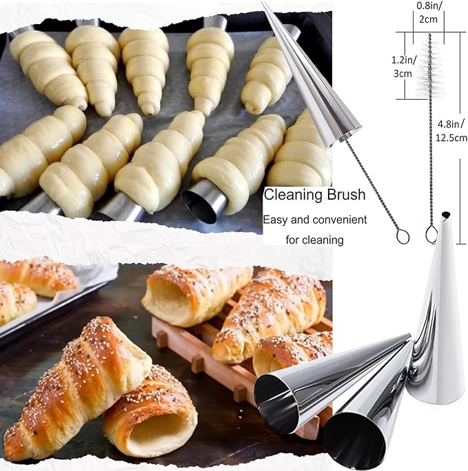 Stainless Steel Cannoli Forms Set, 5 Large Cannoli Forms, 5 Large Hones Mould, 5 Small Croissant Form, Cleaning Brush, Reusable Icing Bag and Long Frosting Tip for Puff Cupcakes Pastry