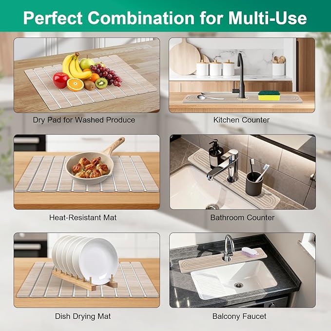 Stone Drying Mat for Kitchen Counter, 24"x16" Water Absorbing Dish Drying Mat with 24"x4" Faucet Mat for Kitchen Sink, Diatomaceous Earth Quick Dry Stone Mats for Dishes Bottles Cups (Wood Grain)