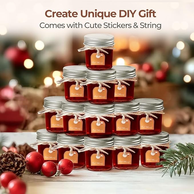 ComSaf Small Mason Jars 2 oz, 48 Pcs Mini Mason Containers, Small Canning Jars, Mini Glass Jar with Lids for Ginger Shots, Honey, Jams, Sauces, Spices, DIY Candle Decor, Dressing, Wedding Favors
