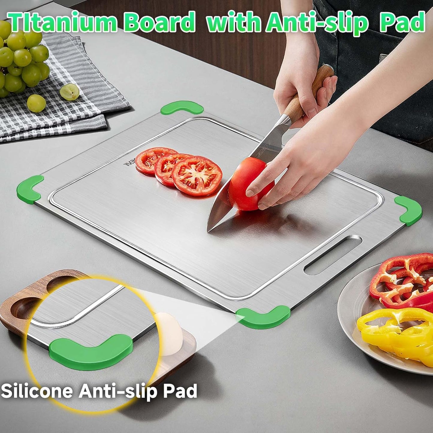 100% Pure Titanium Cutting Board with Grooves, Update Double Side Titanium Chopping Board, Silicone Anti-slip Stainless Cutting Boards for Kitchen 9 * 13 IN, Green