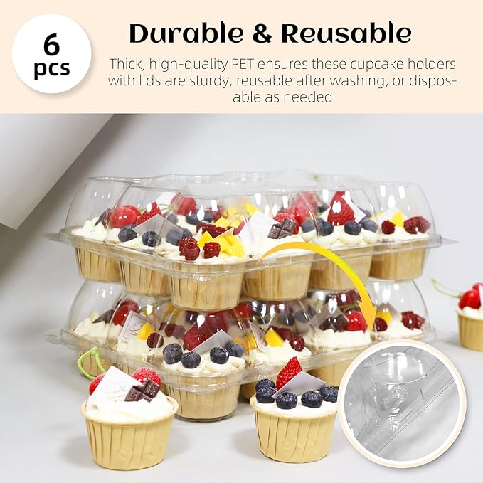 WIKDAY 12 Count x 6 Sets Plastic Cupcake Containers, Durable and BPA-Free Cupcake Holder with Lid for Easy Transport Storage, Stackable Clear Cupcake Carriers, Reusable Dessert Boxes