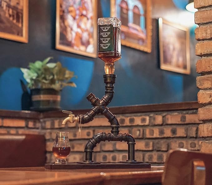 Handcrafted Liquor Dispenser- Steampunk Pipe Decor, Industrial Whiskey Holder, Rustic Style, Bar Accessories For Home Bar Art (1 Bottle) (Brown)