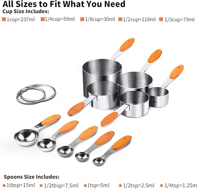 U-Taste 18/8 Stainless Steel Measuring Cups and Spoons Set of 10 and 12.6in Stainless Steel Danish Dough Whisk (Orange)