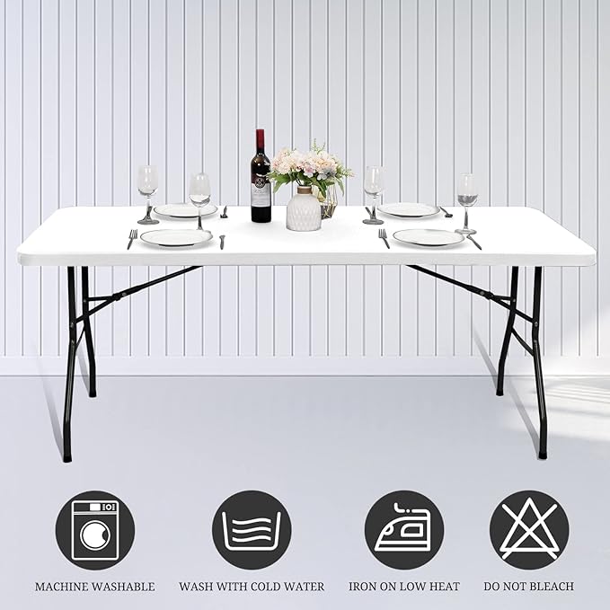 6 Pack Stretch Fabric Table Top Cap Cover, fits 6' Tables, Spandex Table Covers Washable Elastic Universal Rectangle Tablecloth Protector for Indoor Outdoor Party Picnic Wedding, White, 30" W x 72" L