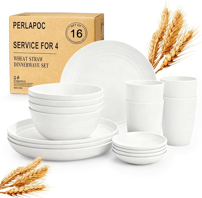 Wheat Straw Plates and Bowls Sets of 16，Unbreakable Dinnerware Sets for 4, Microwave & Dishwasher Safe Kids Dish Set for Kitchen, Outdoor, Camping, Party, RV- White