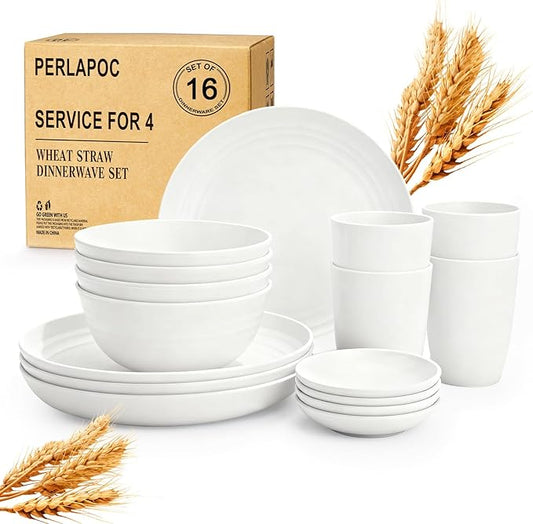 Wheat Straw Plates and Bowls Sets of 16，Unbreakable Dinnerware Sets for 4, Microwave & Dishwasher Safe Kids Dish Set for Kitchen, Outdoor, Camping, Party, RV- White