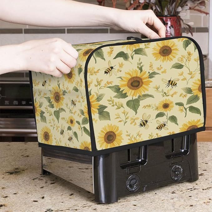 4 Slice Toaster Cover,Sunflower Bee On Retro Small Kitchen Appliance Bread Machine Cover with Pockets,Dust & Fingerprint Protection