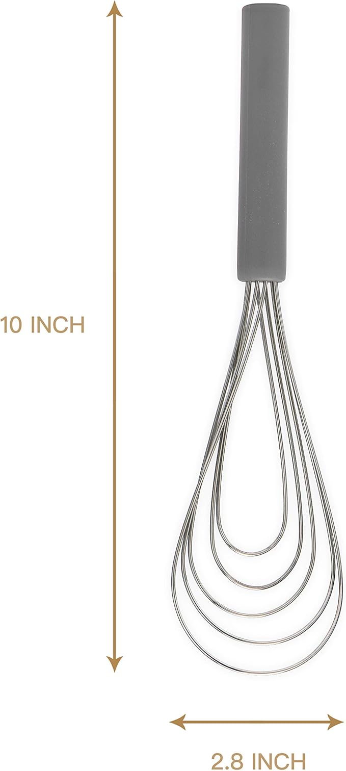 Flat Whisk Silicone Handle Non Slip 10" - 5 Wires Whisk with 10 Heads for Kitchen Cooking by Jell-Cell (Grey)