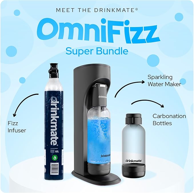 Drinkmate OmniFizz Sparkling Water Maker & Soda Streaming Machine | Carbonates Any Drink | SPECIAL BUNDLE | Includes 60L CO2 Cartridge + Two BPA-Free Bottles (Matte Black)