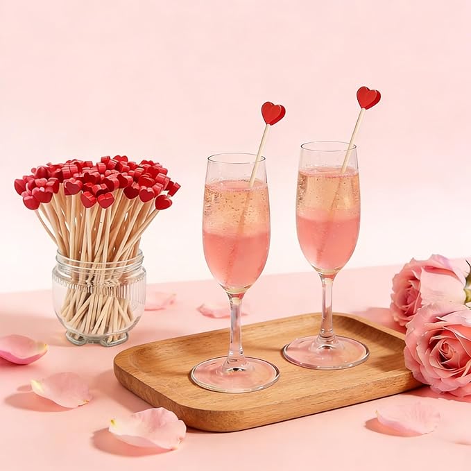 100 Pcs 6 Inch Red Heart Shaped Valentine's Day Wooden Swizzle Sticks, Cocktail & Coffee Drink Stirrers, Rock Candy Sticks, Cake Pop Sticks, Lollipop Sticks for Anniversary, Wedding Party