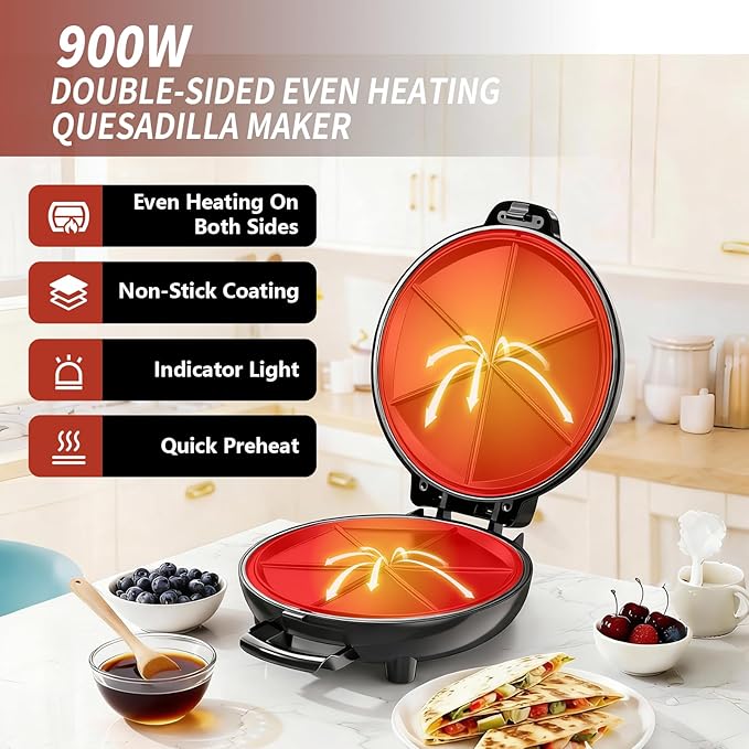 Electric Quesadilla Maker, 9.5'' Quesadilla Press with Easy Slice 6 Wedge, Non Stick Surface, Locking Latch For Extra Stuffing, Grilled Cheese Corn Flour Tortilla Snacks