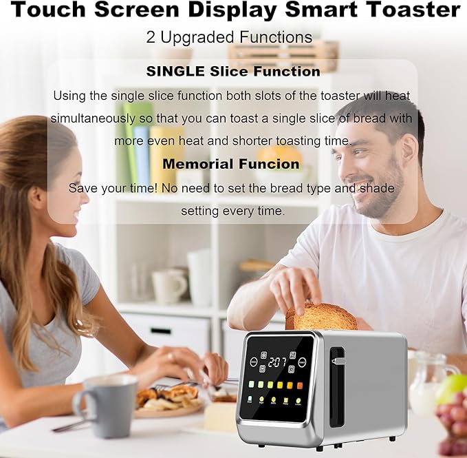Touch Screen Toaster 2 Slice, Bagel Toasters with LCD Display, Stainless Steel Smart Digital Toasters with Single Slot Toasting,Extra Wide Slots Toaster with Memory/Bagel/Defrost/Reheat Functions