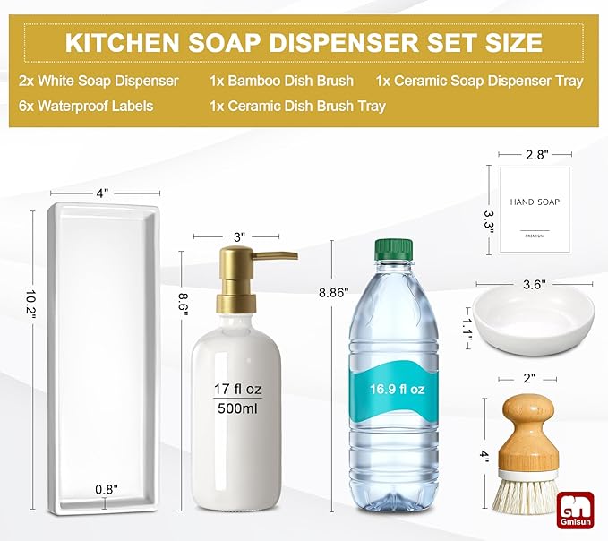 GMISUN Kitchen Soap Dispenser, 16 Oz Kitchen Dish Soap Dispenser Set with Ceramic Tray & Bamboo Brush, 2Pcs Farmhouse Dish Soap Dispenser for Kitchen, Modern White Glass Liquid Hand Soap Dispenser