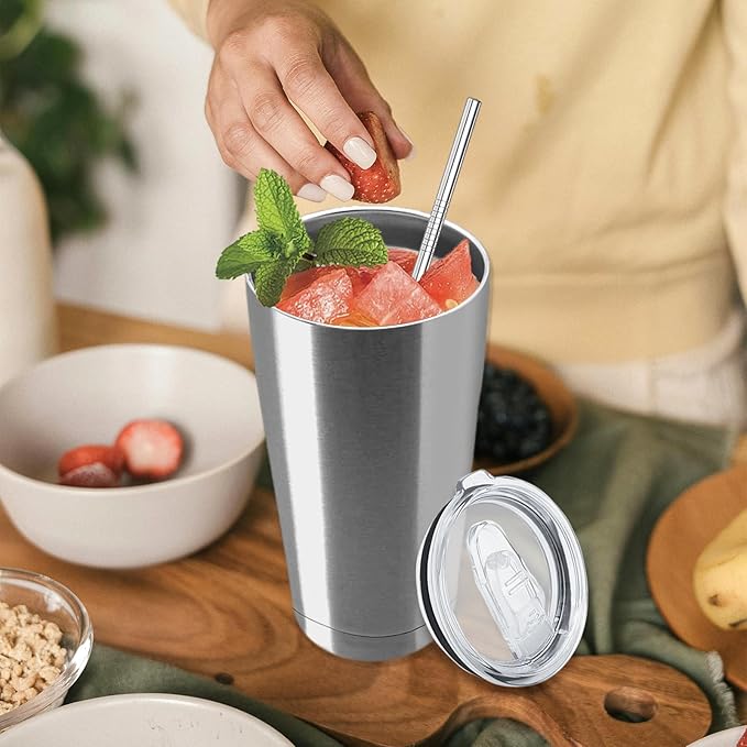 YOUKE OLA 12 Pack Insulated Coffee Tumbler Stainless Steel Double Wall Vacuum Travel Tumbler Cup with Lid and Straw for DIY Gift, Silver 20oz