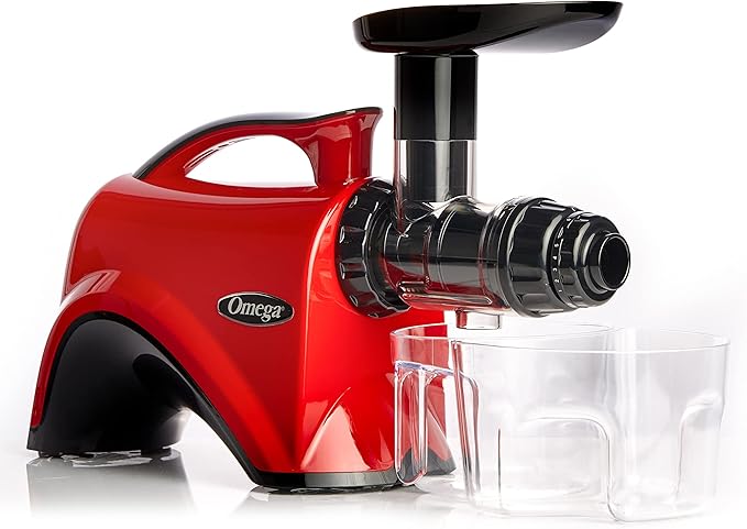 Omega Juicer Premium Vegetable and Fruit Juice Extractor and Nutrition System Makes Nut Milks Baby Food and Sorbets, Adjustable Pressure Settings 80-RPM Slow Masticating Juicer, 150-Watts, Red