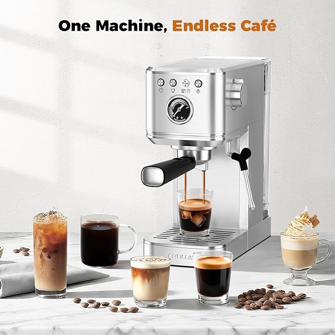 CHULUX Elite Espresso Machine 20 Bar, Compact Stainless Steel Hot and Ice Espresso Coffee Maker with Steam Wand for Americano, Latte, Cappuccino & Home Barista Brewing, Sliver