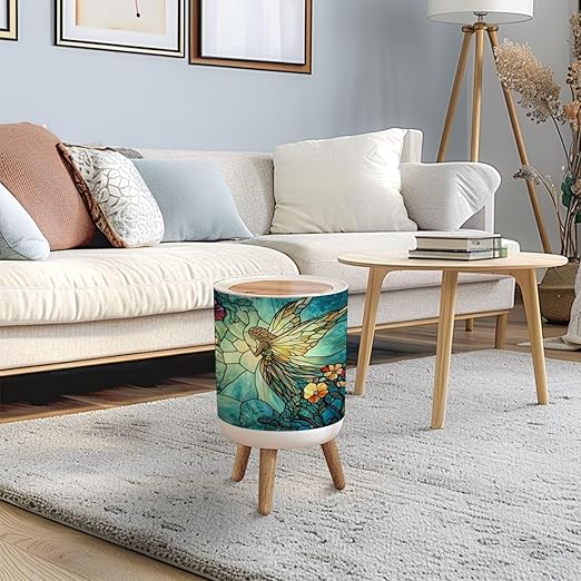 Trash Can with Lid Fairyland Stained Glass Art Opalescent Fairy Press Top Round Small Garbage Bin with Wooden Legs Waste Basket for Kitchen Bedroom Nursery 7L/1.8 Gallon