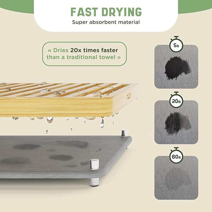 NIUM Stone Drying Mat for Kitchen Counter & Bamboo Rack - 16″x12″ - Diatomaceous Earth Dish drying mat Ultra Absorbent & Fast Drying - EcoFriendly with Non-Slip Pads & Anti-Moisture Design