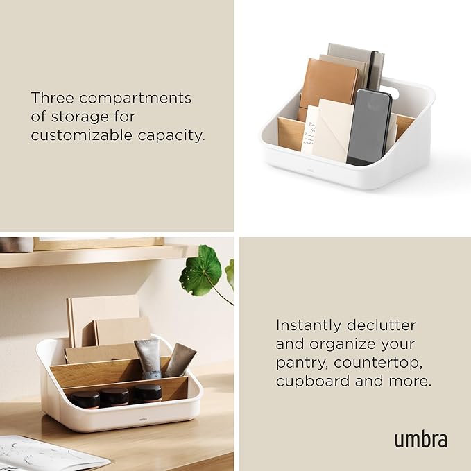 Umbra Bellwood Packet Organizer, Divided Tray for Pantry Ingredients and Other Small Items, Made of Durable Plastic and Wood, Natural/White