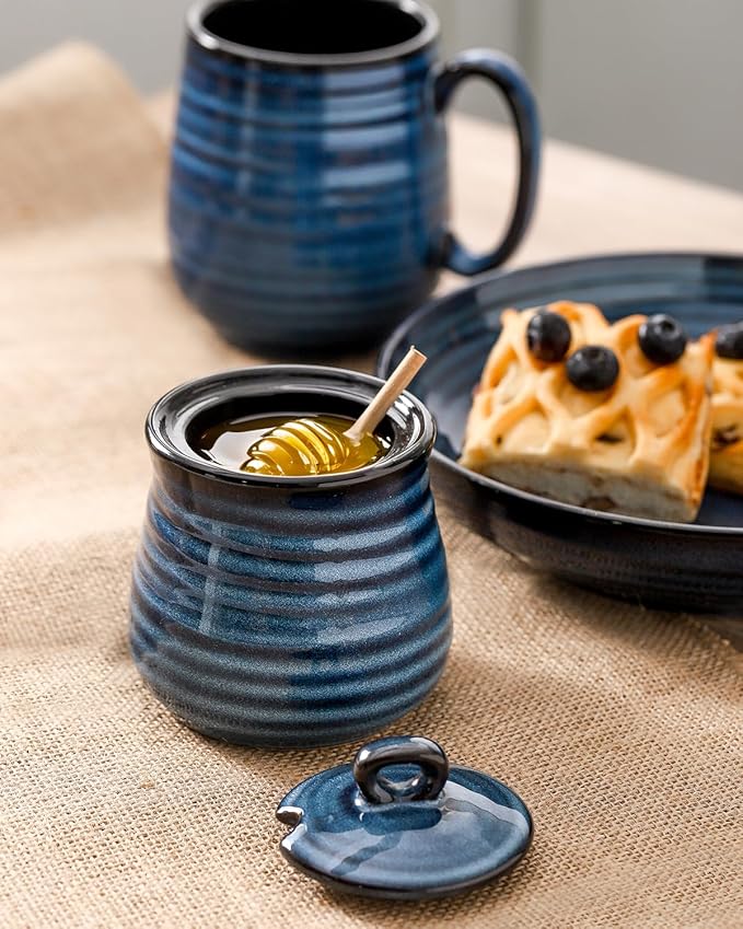 Ceramic Honey Pot with Lid and Honey Dipper, 12 oz Honey Jar and Wooden Dipper, Pottery Honey Container for Home, Cute Honey Dish, Dishwasher Safe, Blue