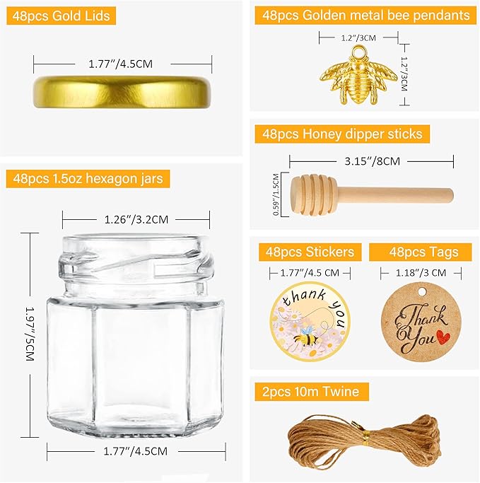 GIVAMEIHF Mini Glass Honey jars with Lids-1.5oz,48 pack Honey Jars,Small Honey Jar with Dipper,Thank You Tags,Jutes Rope,Empty Glass Jars for Jams,Baby Shower, Wedding Favors, Party Favors