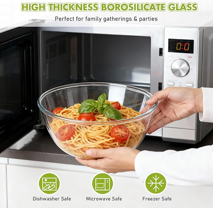 Greentainer Large Glass Salad Bowl with Stainless Steel Fork and Spoon, 144OZ Salad Serving Bowl for Kitchen, 4.5QT Glass Mixing Bowl for Cooking, Baking, Prepping, Dishwasher & Microwave Safe