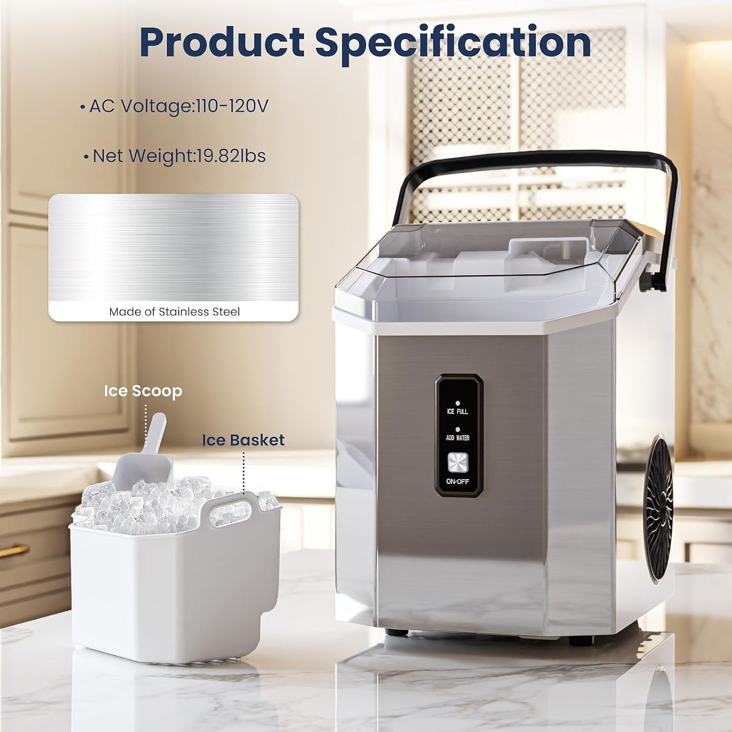 Nugget Ice Makers Countertop, Portable Ice Maker Machine with Self-Cleaning, 35lbs/24Hrs, Crushed Ice Maker with Handle/Basket/Scoop for Home, Kitchen, Office and Camping(Stainless Steel Silver)