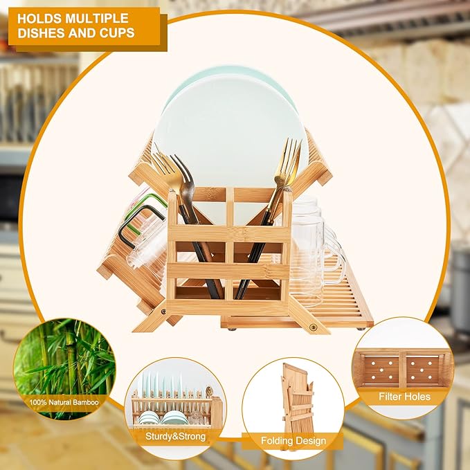 Bamboo Dish Drying Rack, 3 Tier Collapsible Wooden Dish Drainer Rack with Utensil Holder, Plate Rack for Kitchen Counter, Large Folding Drying Holder 51 pcs Grid