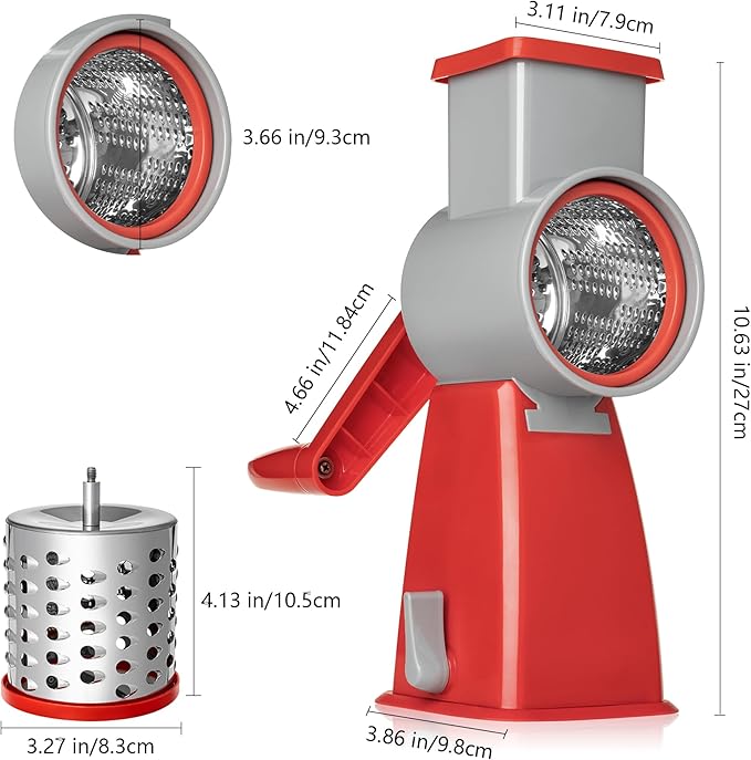 4-in-1 Rotary Cheese Grater Handheld, Lightweight Body with 4 Stainless Steel Blades & Non-Slip Suction Base, for Shredding Parmesan, Slicing Vegetables, Grating Chocolate（Red）