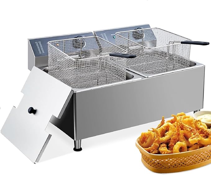 23.2 QT/22 L Commercial-Grade 3400W Deep Fryer，2 Extra-Thick Baskets with 304 Stainless Steel, Electric Fryer Splash Guard Lid & Adjustable Thermostat for Restaurant, Catering, Home Kitchen