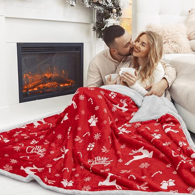 PAVILIA Premium Christmas Sherpa Throw Blanket | Christmas Decoration Gift, Fleece, Plush, Warm, Cozy Reversible Microfiber Holiday Blanket | Red Reindeer - 60x80 Twin