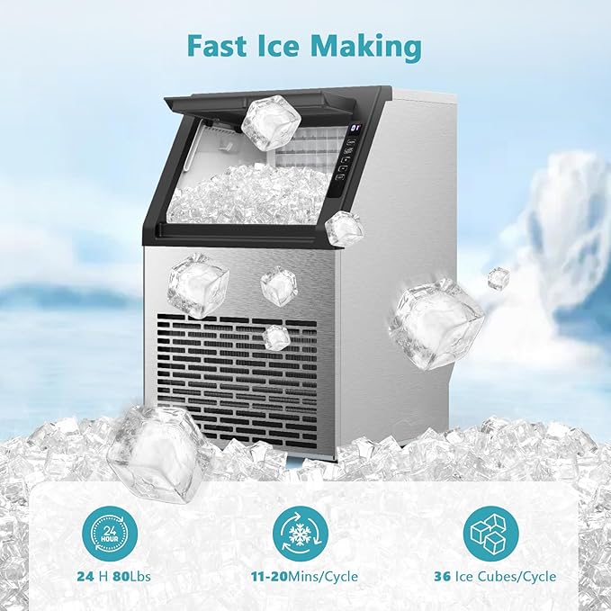 Electactic Commercial Ice Maker Machine,80lbs/24H Stainless Steel Ice Machine,24lbs Storage, Auto Self-Cleaning Freestanding Ice Maker, Ice Machine Freestanding for Bar/Cafe/Restaurant