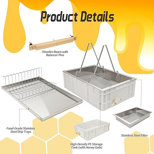 Honey Extractor Kit, Beehive Uncapping Station Food-Grade Stainless Steel PE Plastic Dual Uncapping Modes Fine Filter Anti-Spill with Wooden Strip for Home Small-Scale Commercial Apiaries
