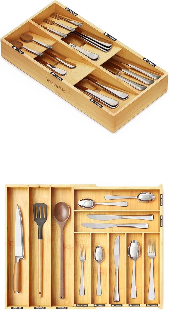 SpaceAid Bamboo Silverware Drawer Organizer with Labels (Natural, 6 Slots) and Utensil Organizer (Natural, 10 Slots)