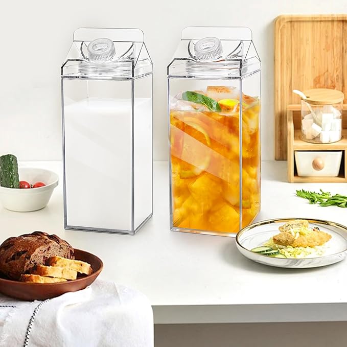 Bekith 2 Pack 64 Oz Large Milk Carton Water Bottle, Clear Plastic Milk Bottle with Cleaning Brush, Portable Leakproof Square Juice Bottle Reusable Milk Container for Outdoor Sports Travel Camping