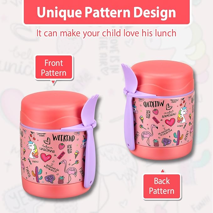 Insulated Soup Jar for Kids - 10oz, Leak Proof, Stainless Steel, Wide Mouth, Pink-Flamingo
